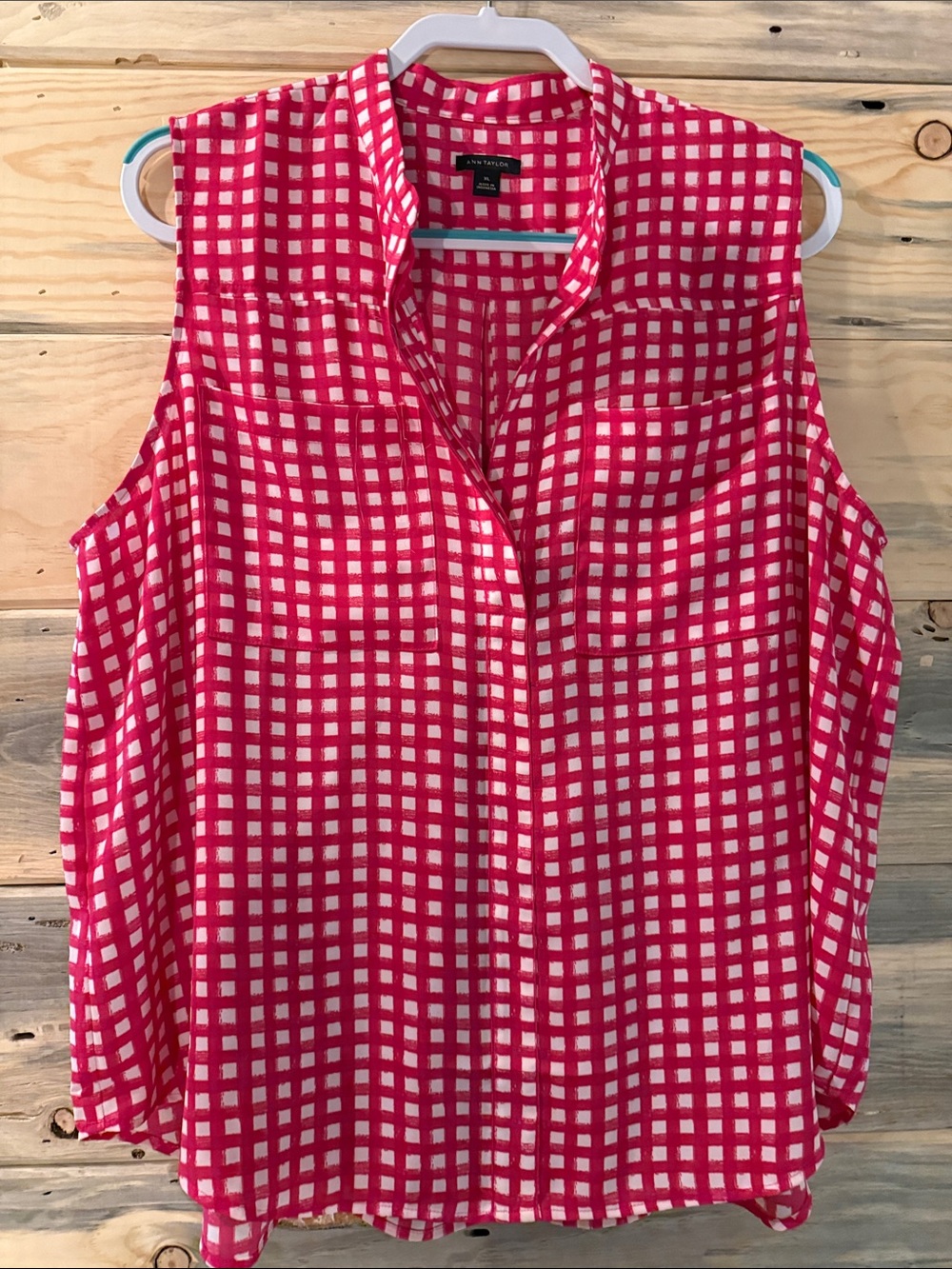 Ann Taylor Hot Pink and White Checked Sleeveless Blouse